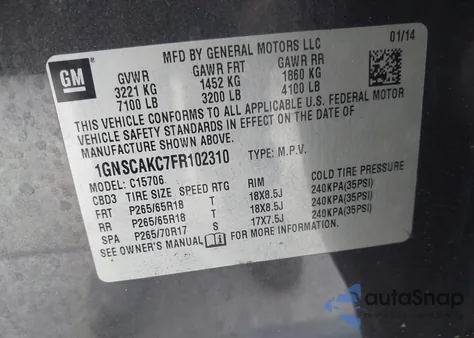 2015 Chevrolet Tahoe Ls z USA, uszkodzony, nr VIN 1GNSCAKC7FR102310